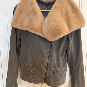 Anthropologie Marrakesh utility-style jacket with detachable faux fur collar.